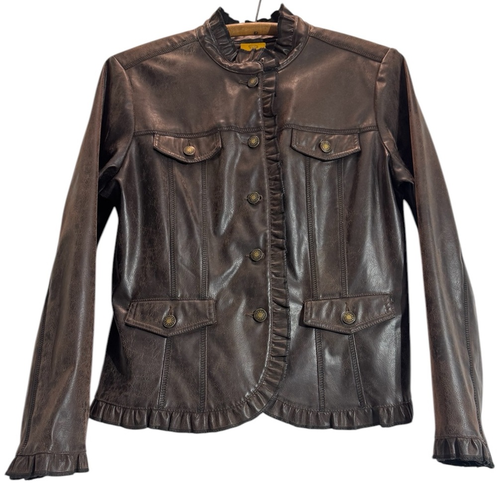 Vintage Scalloped trim Faux Leather Distressed Blazer pockets lightweight